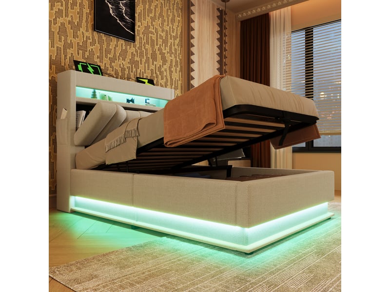 Lit coffre enfant 90x200cm avec led, tête de lit rangement, port usb type-c, sommier, lin beige, sans matelas - Conforama C
