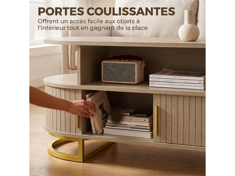  Table basse ovale, table de salon moderne avec portes à tambour coulissantes, rangement fermé, étagères ouvertes, chêne  - Conforama E