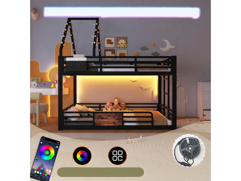 Lit superposé en métal 140x200 cm avec cadre de toit à décorer et éclairage led, noir - Conforama D