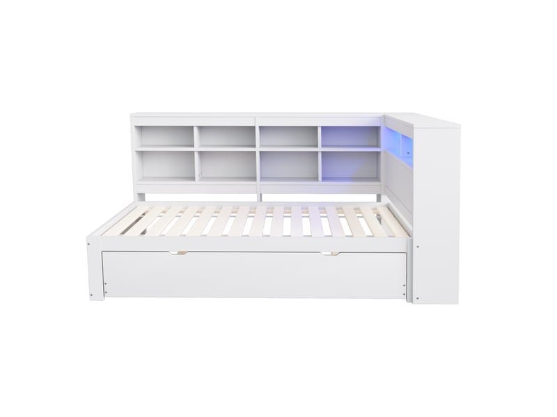  Lit banquette avec lit gigogne et rangements, bois massif blanc, 90x200 cm, led et usb intégrés  - Conforama A