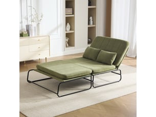 Canapé convertible 2 places avec poches latérales et coussin lombaire, structure métallique en chenille vert olive