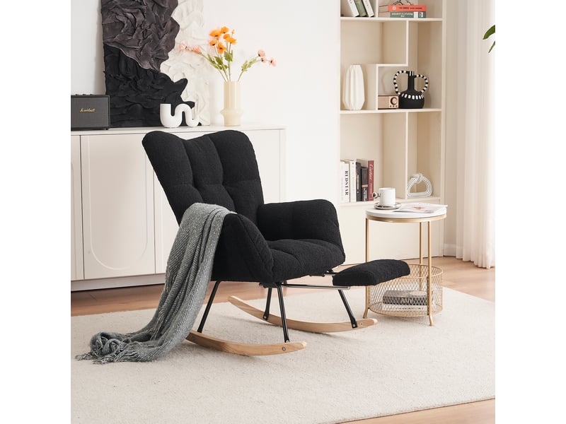  Rocking-chair en tissu teddy avec repose-pieds pliable, dossier haut ergonomique et accoudoirs, noir, 70 × 98 × 98,5 cm  - Conforama C