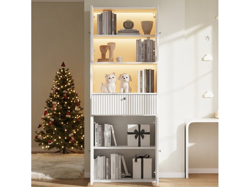  Vitrine led avec 4 portes vitrées et fermées, tiroir et niche ouverte, éclairage rgb, pour salon, blanc, 70 × 35 × 180 cm  - Conforama D