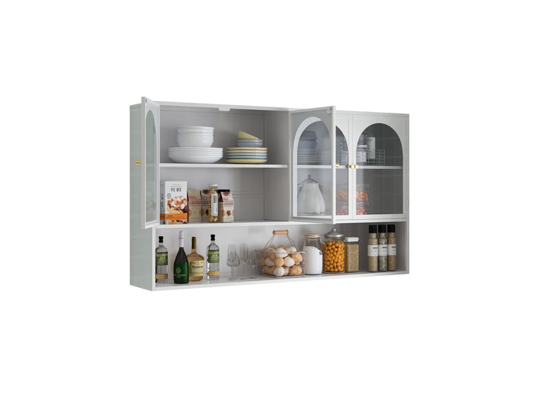  Buffet de cuisine - 120x23x70cm - meuble haut, armoire murale 4 portes en verre gris &amp; étagère, style industriel - blanc  - Conforama A