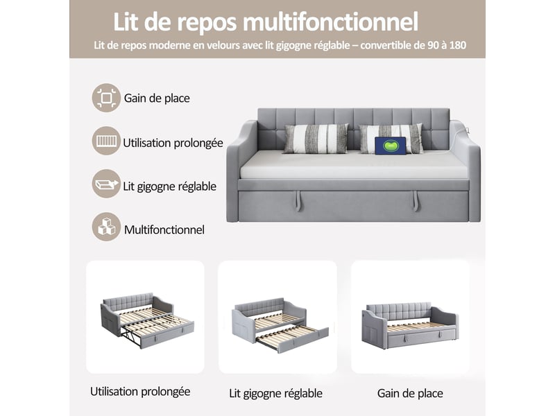 Canapé-lit 2 en 1 velours gris clair 90x180 cm, usb intégré et poche de rangement - Conforama E