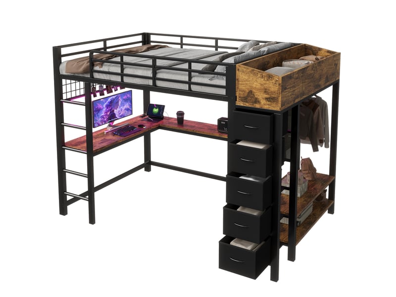  Lit mezzanine en métal 140×200 cm – inclut des prises électriques – équipé de ports usb et type-c – doté d’un ruban lumineux led – comprend 5 tiroirs en tissu – noir (matelas non inclus)  - Conforama W