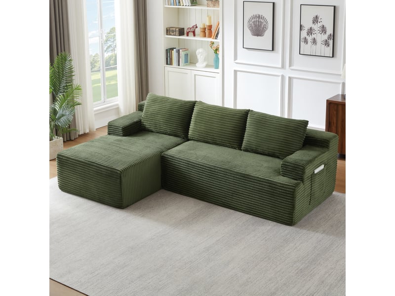 Canapé d'angle en velours côtelé 3 places, sans montage, modulaire, assise profonde, confort moelleux, design nuage - Conforama E
