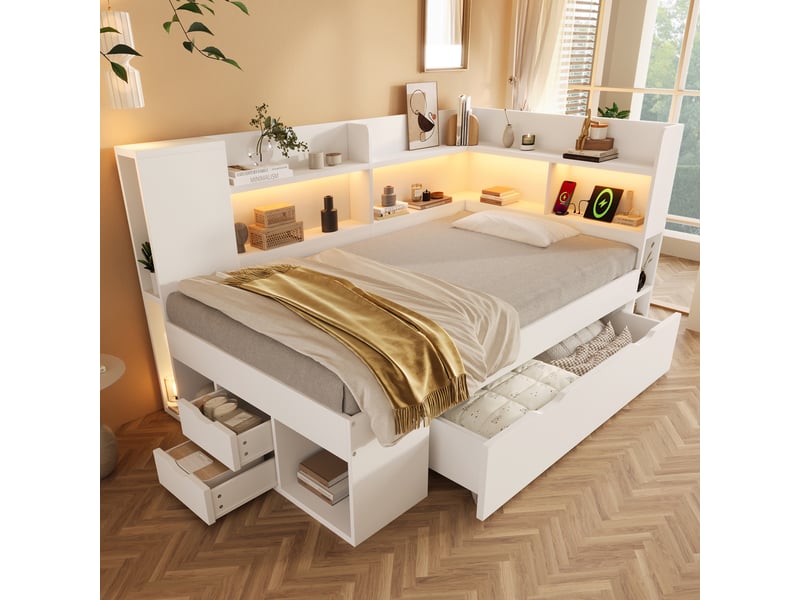  Canape lit 90x200 cm avec éclairage led et station de recharge usb et type-c, blanc, lit simple avec étagères et tiroirs  - Conforama A