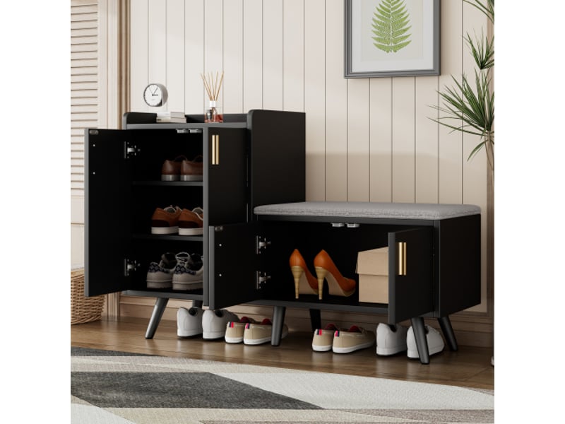  Banc à chaussures avec 4 portes et coussin, meuble moderne noir pour entrée et salon  - Conforama B
