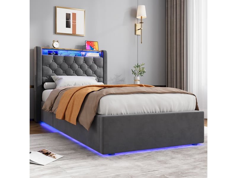  Lit coffre simple 90 x 200 cm en velours gris avec led, usb, type-c et étagère, sans matelas  - Conforama C