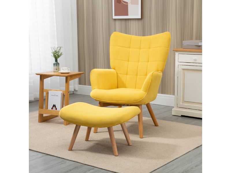  Fauteuil d'appoint avec repose-pieds, fauteuil inclinable aspect velours côtelé, fauteuil à pieds en bois, pour salon, jaune  - Conforama C