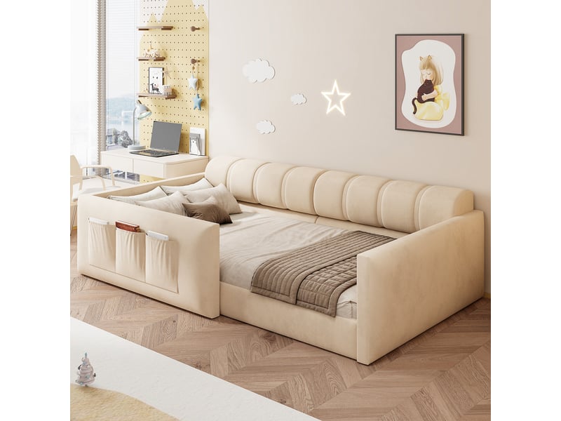 Lit simple rembourré 90x200 cm coloris beige velours - Conforama B