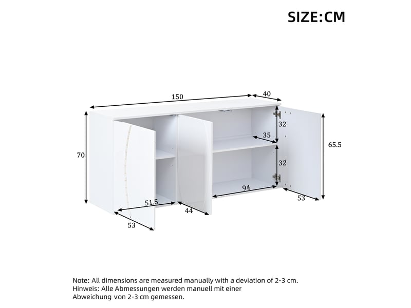 Buffet brillant de salon à trois portes 150 x 40 x 70 cm avec éclairage led meubles de rangement design moderne blanc BUBBLY - Conforama E