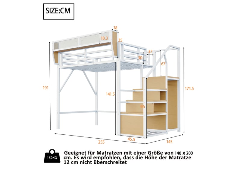  Lit mezzanine avec échelle sécurisée et rangement modulable, métal blanc, 140x200 cm, gain de place  - Conforama C