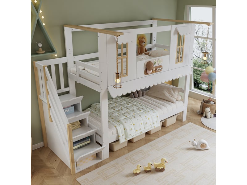  Lit superposé 90x200 cm – lit superposé avec cadre robuste, mdf – sans matelas – blanc et naturel  - Conforama D