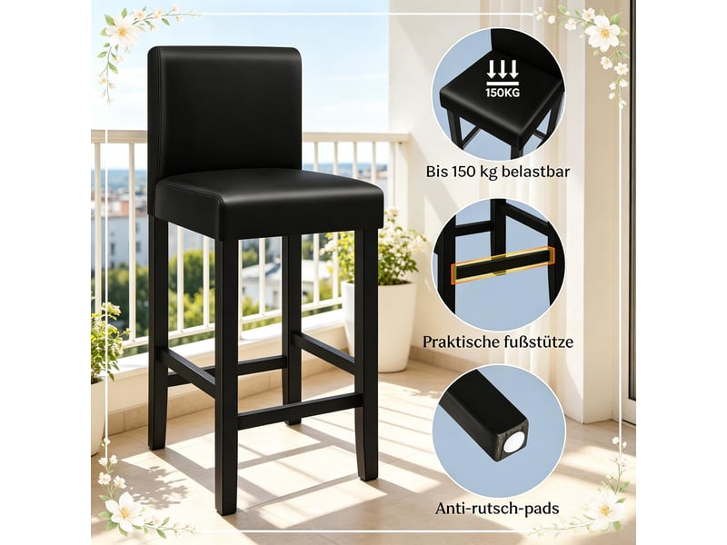  Tabourets de bar lot de 2 avec dossier - lpospi - repose-pieds, simili cuir noir, 41 × 37,5 × 110 cm  - Conforama E