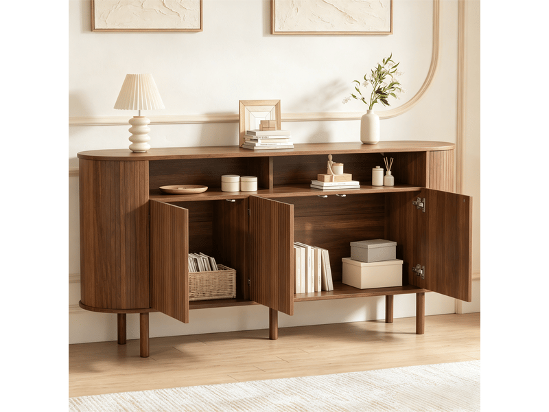  Buffet moderne aspect noyer avec portes et rangements ouverts, dimensions 160 × 40 × 78,5 cm, meuble de rangement pratique pour salon et séjour  - Conforama D