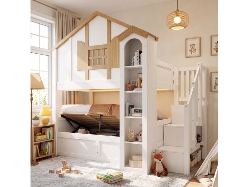  Lit superposé enfant 90x200 cm avec rangement hydraulique et led, blanc et bois  - Conforama D