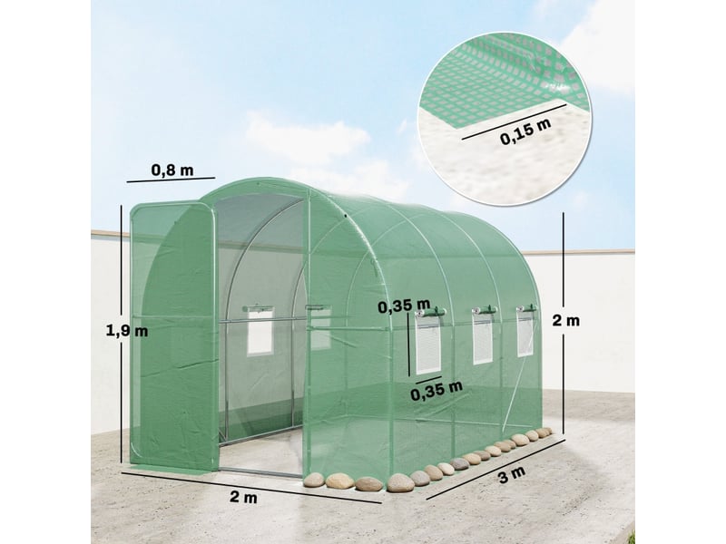  Serre en film - 3x2x2 m - porte battante verrouillable - 6 fenêtres en filet - polyéthylène - cadre en acier galvanisé 300x200x200cm - Conforama C