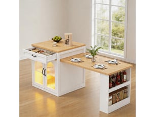 Îlot de cuisine coulissant éclairage led meuble moderne 2 tiroirs étagères réglables buffet portes verre strié plan travail mdf coin repas
