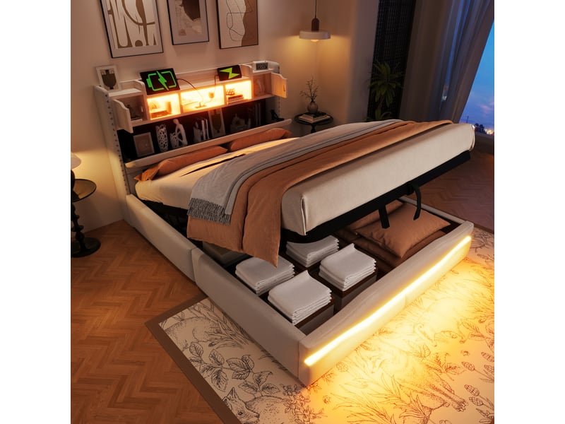 Lit rembourré, 140 x 200 cm, avec prise de chargement usb-c, éclairage d'ambiance sous le lit, tête de lit avec compartiment de rangement, lit coffre hydraulique, sans matelas, avec éclairage led, beige  - Conforama B