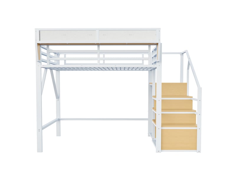 Lit mezzanine 140x200 avec échelle de sécurité et compartiment de rangement modulable, lit en métal, lit adulte, lit superposé enfant, blanc - Conforama E
