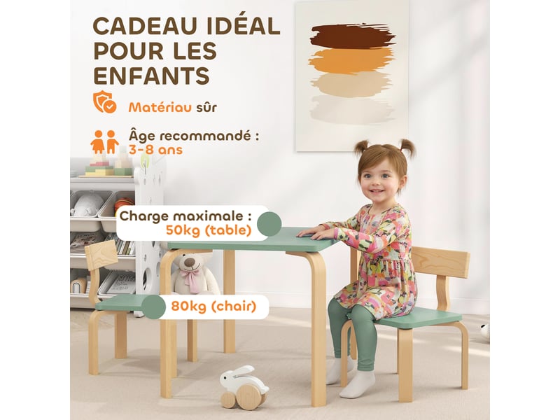  Table enfant avec chaises, lot table et 2 chaises enfant en bois pour dessiner, jouer, étudier, vert, 78x53x53cm  - Conforama R