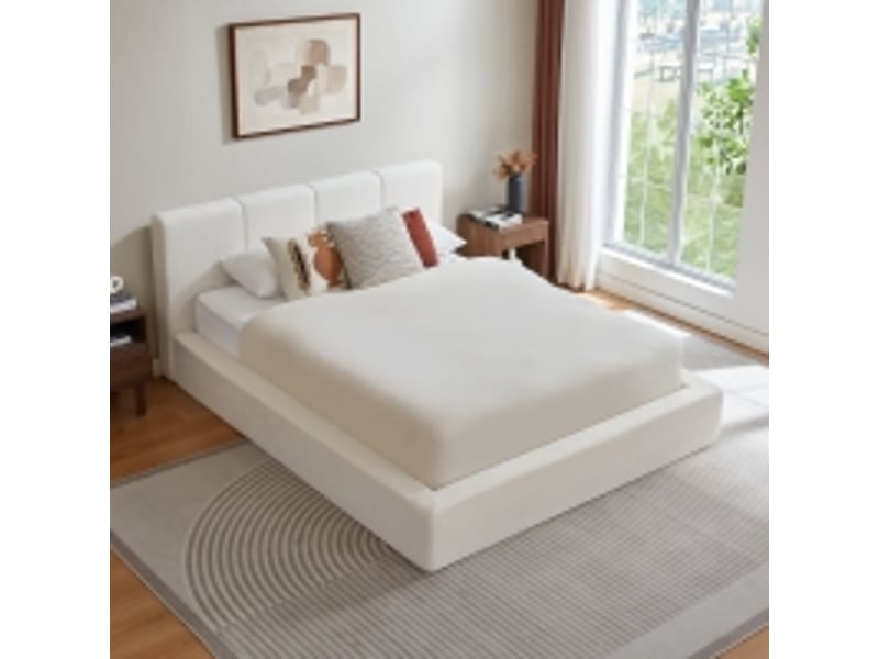 Lit double compressé 140x200 cm, coloris blanc crème, tête de lit capitonnée en mousse, structure en acier renforcé, sans matelas, pour chambre adulte Luxe haut de gamme - Conforama B