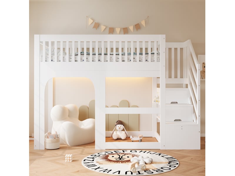 Lit mezzanine enfant 90 × 200 cm avec escalier de rangement, led et espace ouvert pour chambre  - Conforama E