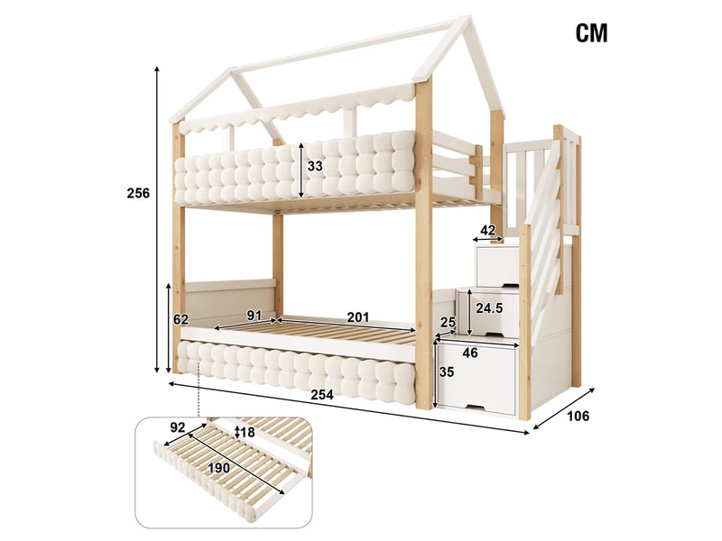  Lit superposé enfant 2x90x200cm avec lit gigogne 90x190cm, escalier à rangements, panneaux bouclette et garde-corps, norme en 747, pour la chambre  - Conforama D
