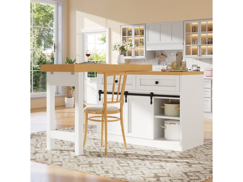  Îlot de cuisine pivotant 360° avec portes coulissantes – style grange – 120–197 cm – 2 tiroirs – étagères réglables – blanc  - Conforama E