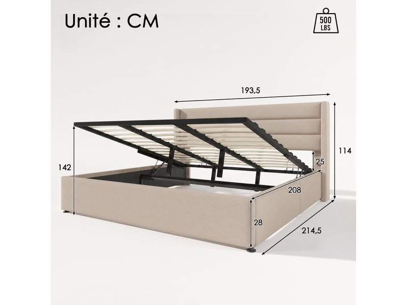 Lit coffre hydraulique 180x200 cm en lin beige, tête rembourrée et sommier inclus - Conforama C