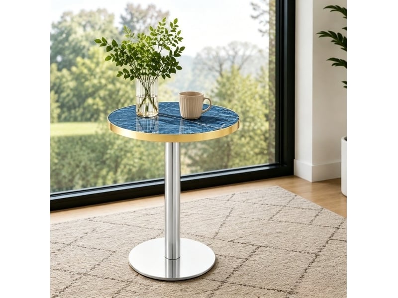 Table de salle à manger ronde avec pied central, effet marbre bleu et liseré doré pour petit balcon, ø 60 × 73,7 cm - Conforama B