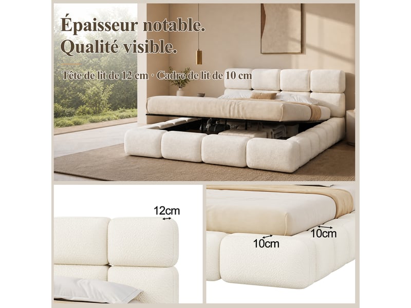  Lit capitonné, lit double, 200 x 200 cm, lit à réglage hydraulique, lit nuage, lit coffre, design bulles, sommier à lattes, tête de lit et grand espace de rangement, tête de lit capitonnée, bouclé blanc  - Conforama D