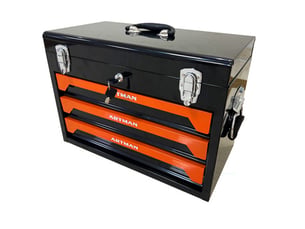 Coffre à outils en acier 50 x 27 x 35 cm noir et orange, 3 tiroirs, poignée et fermoirs métalliques