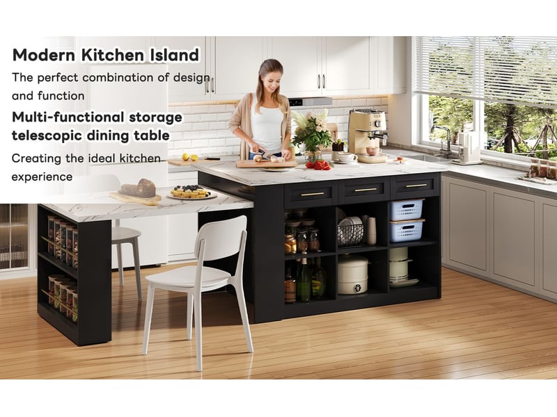  Îlot de cuisine meuble de cuisine rangement intégré table repas extensible plateau en bois effet marbre blanc conception multifonctionnelle espace repas convivial  - Conforama D