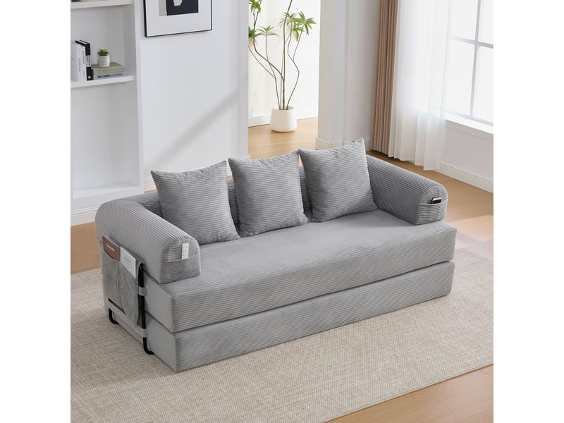 Canapé modulable gris clair velours côtelé 3 places avec coussins, idéal petit salon, 200cm  - Conforama D