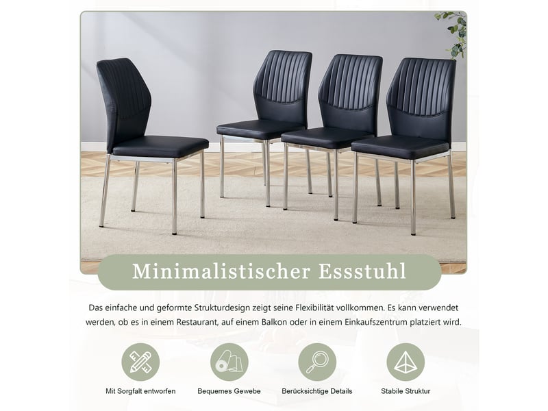  Chaises de salle à manger lot de 4 dossier nervuré rembourré  - pieds en métal, pu noir et argent  - Conforama E