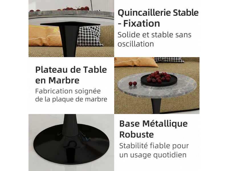  Table ronde 70x70x72 cm, 2 places, plateau veiné, pied central, marbre artificiel, noir et gris  - Conforama E