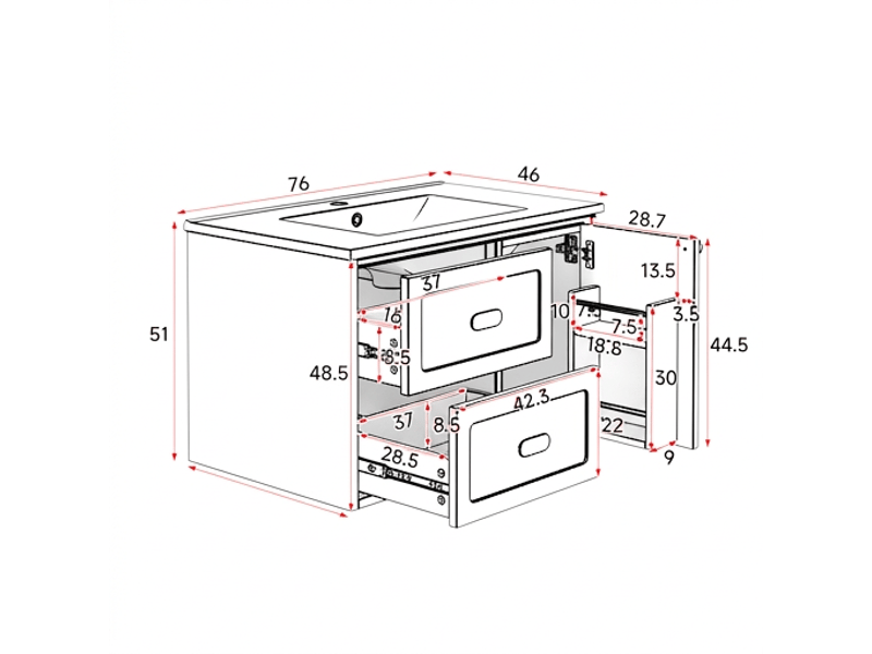  Meuble salle de bain suspendu bleu 76x46x51 cm avec vasque intégrée en céramique et éclairage led  - Conforama E