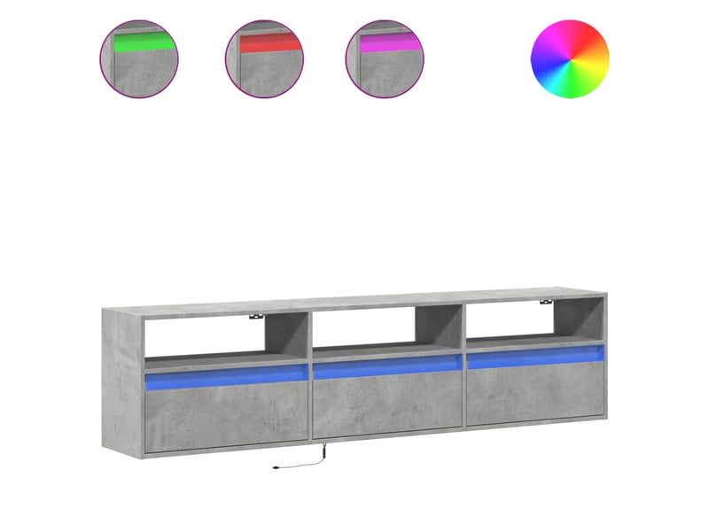  Meuble tv - banc tv - meuble de rangement mural avec led gris béton 180x31x45 cm  - Conforama A