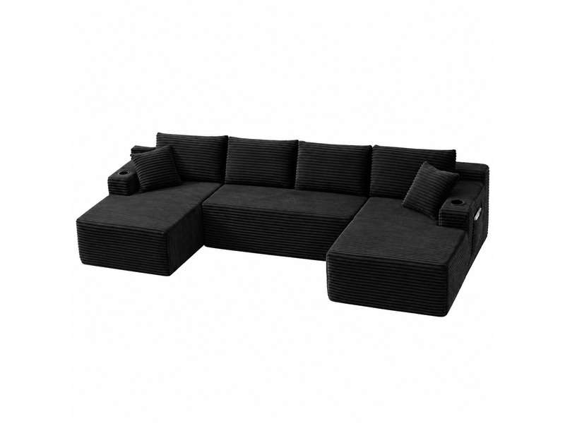  Canapé d'angle 4 places en u canapé modulable canapé compressé en velours côtelé avec porte-gobelets poches latérales, noir  - Conforama A
