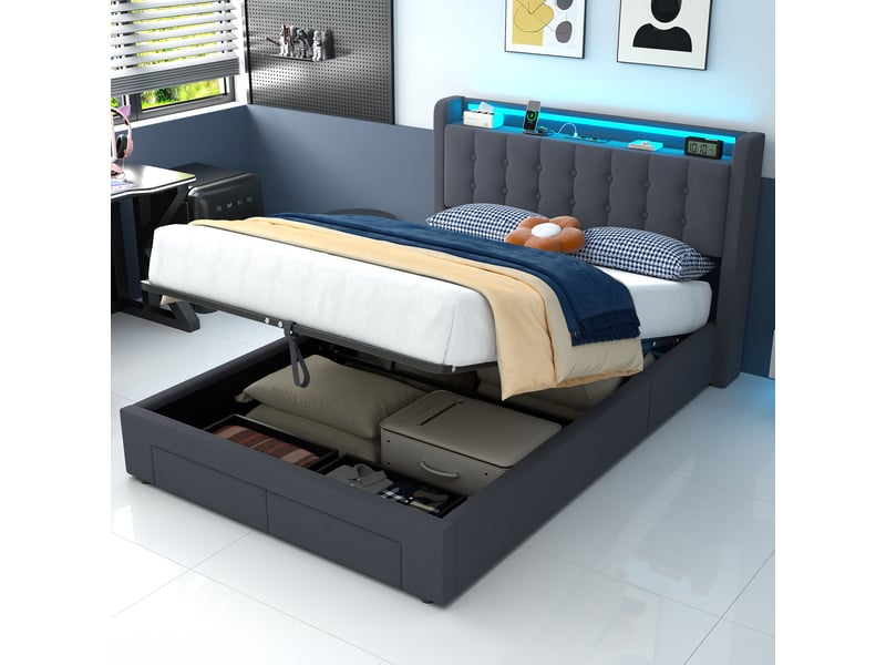  Lit coffre 2 places 140x200 cm avec led et tiroirs, coloris gris  - Conforama D