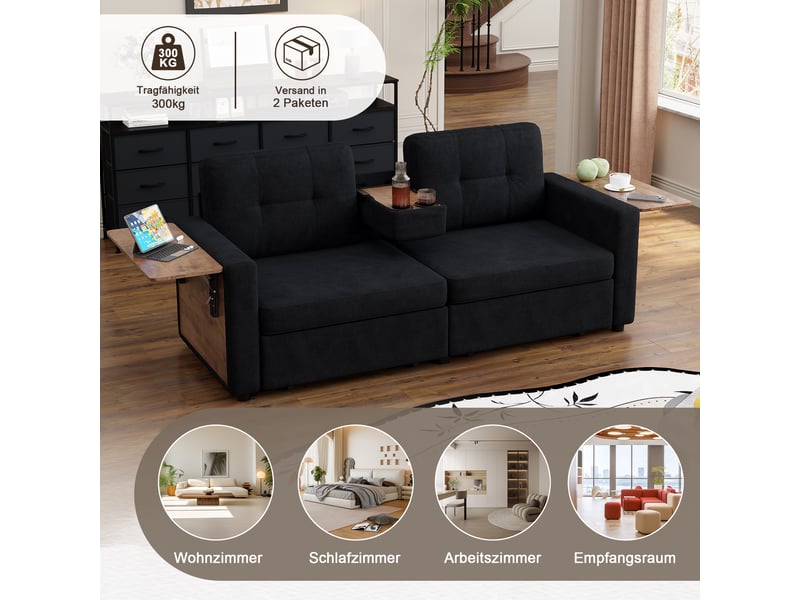 Canapé modulable 2 places avec 2 tiroirs,178x71x57.5cm,assise réglable,tablette ordinateur,porte-gobelets,tissu chenille,noir - Conforama D