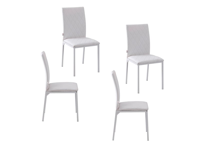  Lot 4 chaises salle à mangercuisine modernes, dossier haut surpiqûres losange, similicuir, pieds acier, blanches.  - Conforama B