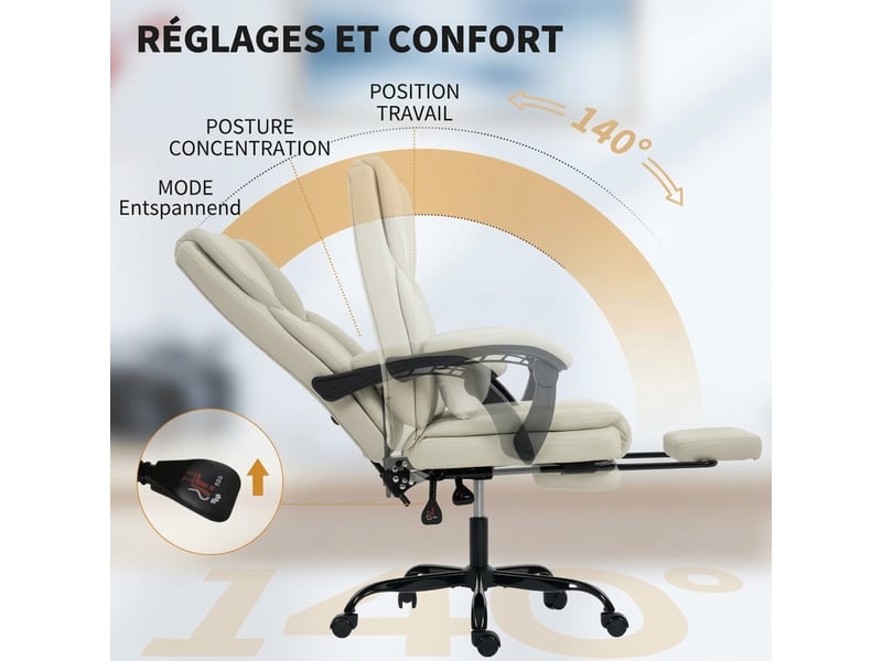  Fauteuil de bureau en similicuir beige avec repose-pieds et dossier inclinable  - Conforama D