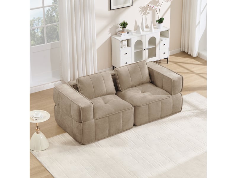  Canapé droit modulable 2 places sans montage avec assise profonde et accoudoirs larges en polyester sable  - Conforama E