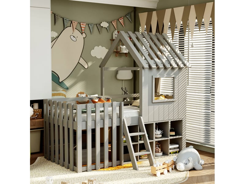 Lit mezzanine enfant cabane 90 x 200 cm gris avec toit, fenêtre et rangement ouvert - Conforama D