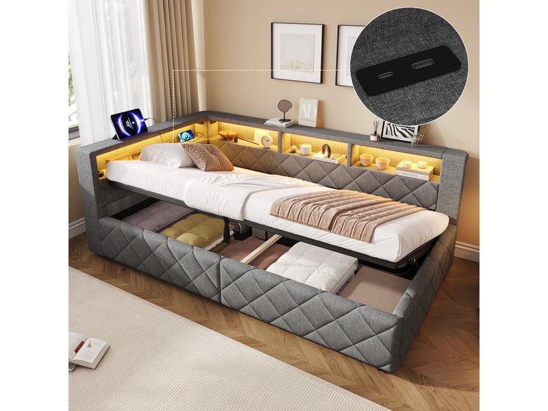  Lit coffre 90x200 cm avec rangement hydraulique, tête de lit avec étagère, LED RGB réglable et port USB, lit rembourré en lin - Gris Fay Lum - Conforama D