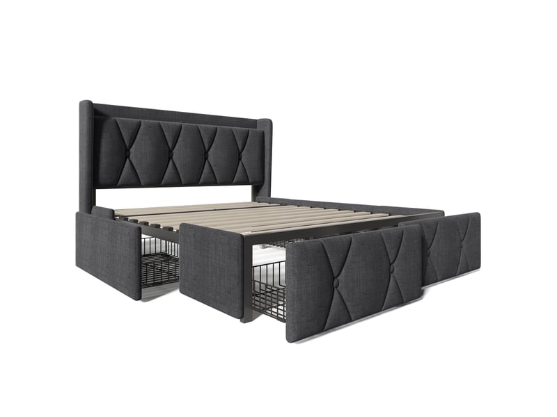  Lit 140x200 cm en tissu gris, tête de lit avec ports usb et 4 tiroirs de rangement pratiques  - Conforama A